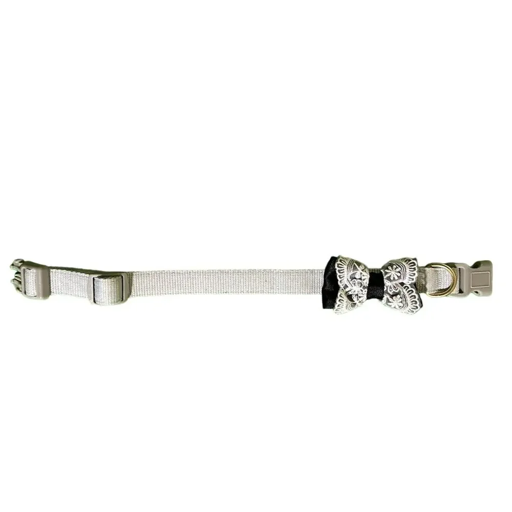 Light Grey with black trim dog collar - Lace bow - Size Medium